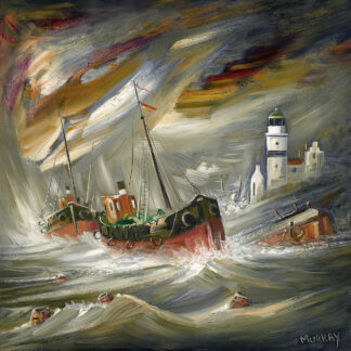 A painting of a stormy sea with ships in distress and a lighthouse in the background. By Raymond Murray